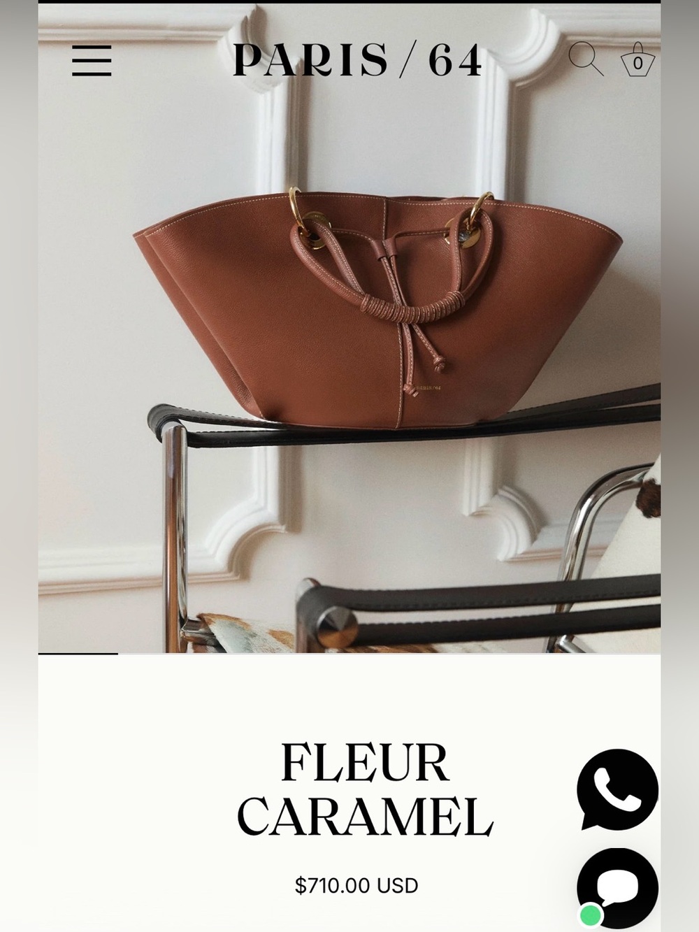 Paris/64 Tan Leather Shoulder Bag with  cross body strap option. Never carried.